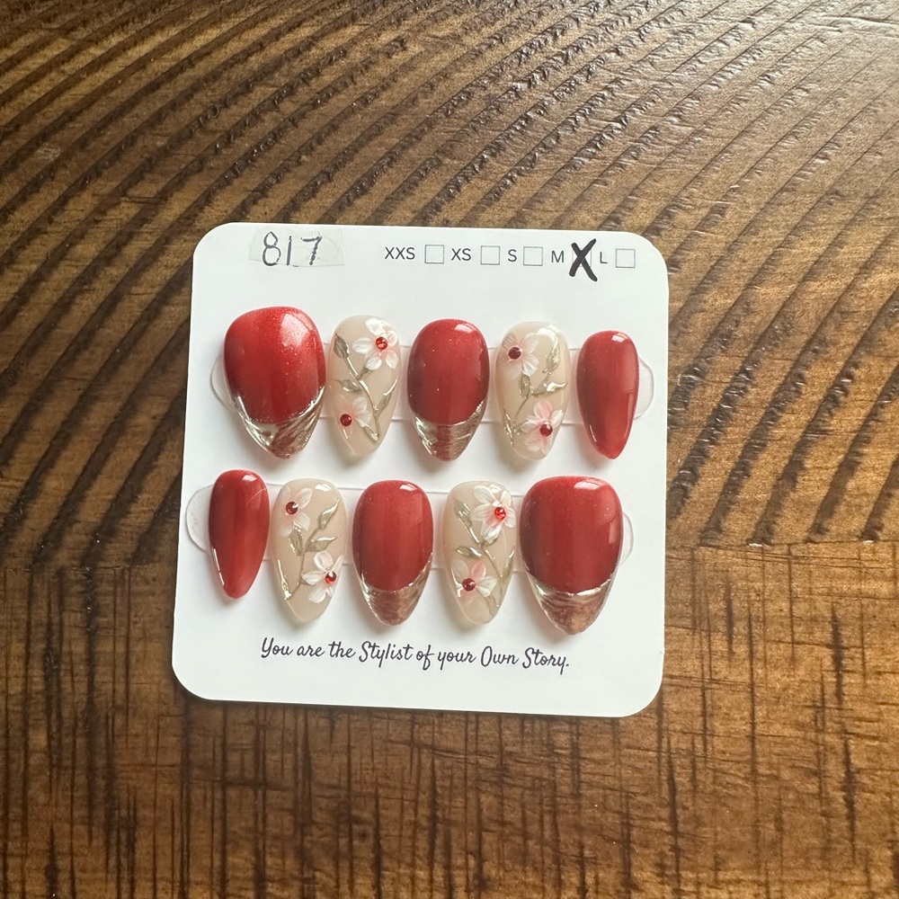 Red and Floral Press-On Nails